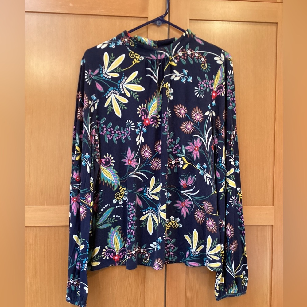 Boden Navy Floral Long Sleeve Blouse w mock collar, 12